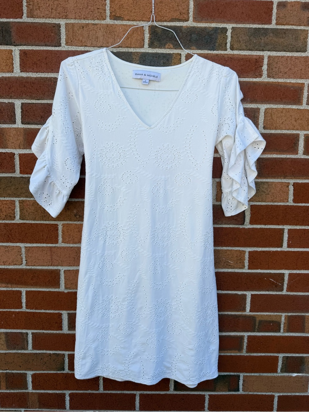 Emma & Michele White Eyelet Ruffle Sleeve Tie Back Dress Size Small